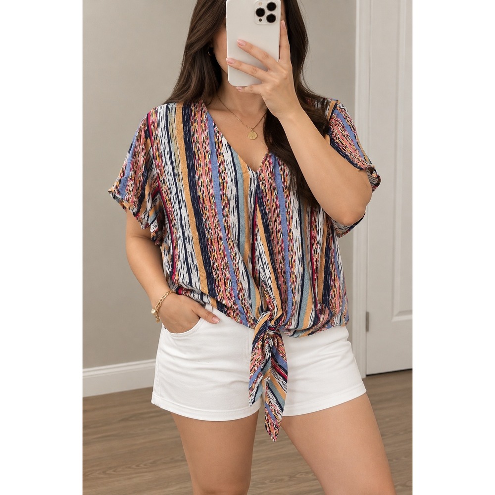 Zac & Rachel Petite Multi Color Striped V-Neck Front Tie Blouse PM